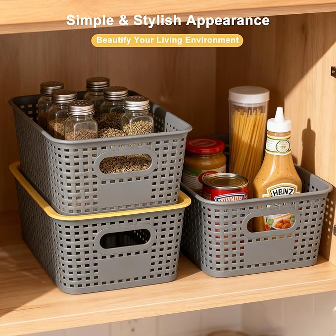 AREYZIN Plastic Storage Bins with Lids, 6-Pack Stackable Pantry Organizers and Storage Containers for Shelves, Closet Organization, Drawer Organizer Bins,Gray & yellow lids