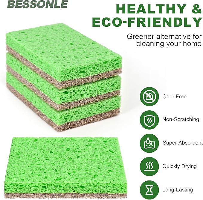 BESSONLE 10 Pack Biodegradable Natural Sponges Kitchen - Compostable Cellulose and Coconut Walnut Scrubber Sponge - Eco Friendly Sponges for Dishes
