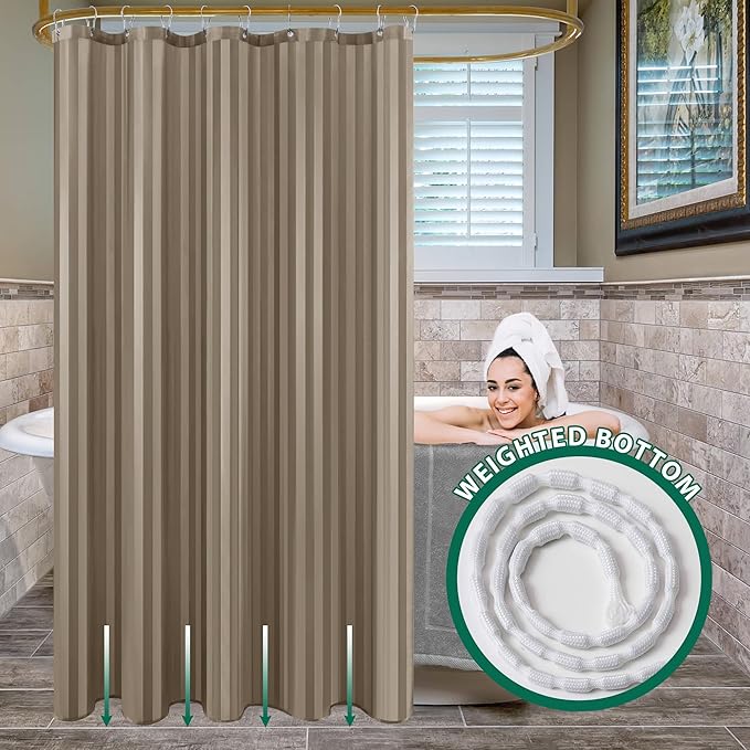 Biscaynebay Fabric Shower Curtain or Liner 72" by 72", Taupe Water Repellent Damask Stripes Bathroom Curtains Machine Washable
