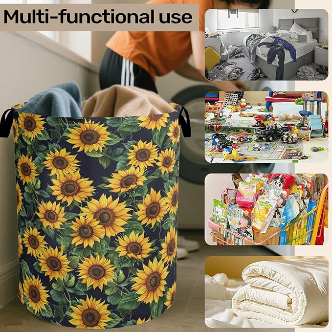 Sunflower Laundry Basket with Handles - Extra Large Foldable Hamper for Bathroom/Laundry/Bedroom/Dorm, Washable Fabric Storage Bin
