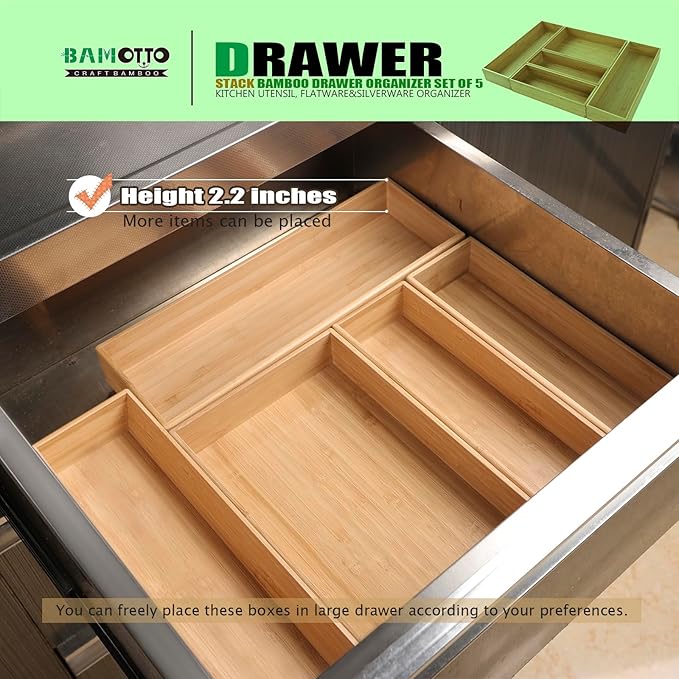BAMOTTO CRAFTBAMBOO Stack Bamboo Drawer Organizer Set of 5, Kitchen Utensil, Flatware&Silverware Organizer-Wood Laminated Stackable for Kitchen, Bedroom, 13.4''x4.5''*2+10.2''x3.3''*2+10.2''x6.7''*1