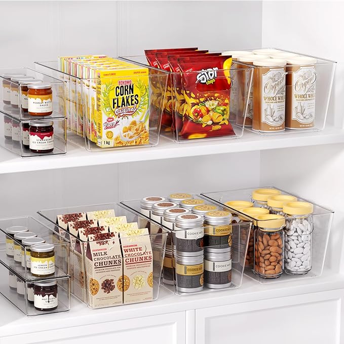 Joymeezo Set of 4 Clear Plastic Storage Bins, 2 Large +2 Small Pantry Organizers and Storage Containers for Kitchen Organization, Home Storage Essentials for Cabinet, Office, Garage, Freezer& Bathroom