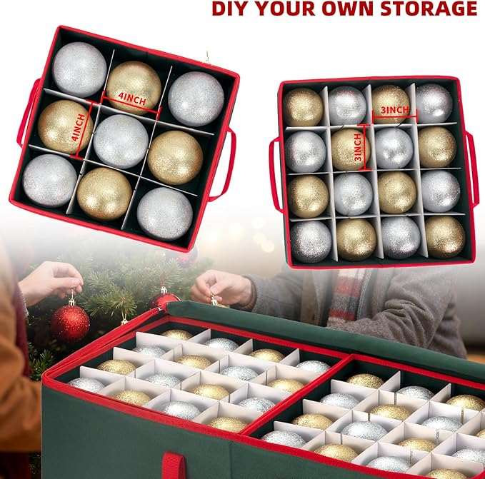 JY COOKMENT Christmas Ornament Storage Box with Adjustable Dividers and Side Pockets, Large Ornaments Storage Container Bin with Zippered Top for Xmas Decorations (128-3" Balls, Green, With Tray)