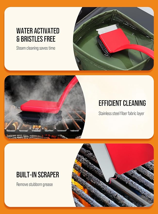 Grill Brush Bristle Free, Grill Cleaner Brush with 5 Replacement Heads, Ultra Safe Grill Brush for Outdoor Grill, Cast Iron, Stainless Steel Grates, Grill Scraper Outdoor BBQ Grill, Red