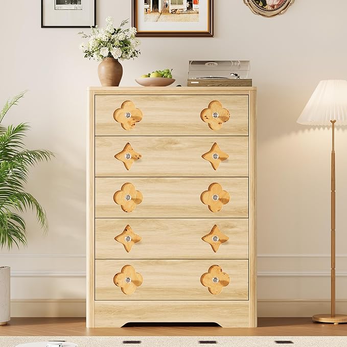 Garvee Dresser for Bedroom with 5 Drawers, 45'' Tall Chest of Large Decorative Drawer Front with Large Clothes Storage Cabinet, Wood Bedroom Dresser, TV Stand for Nursery, Living Room, Enterway