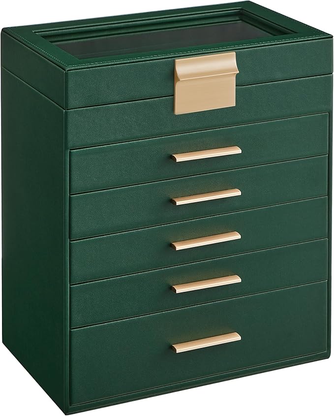 SONGMICS Jewelry Box Organizer with Glass Lid, 6-Layer Jewelry Storage, with 5 Drawers, Modern Style, 6.4 x 9.9 x 11.4 Inches, Forest Green and Gold Color UJBC171C01