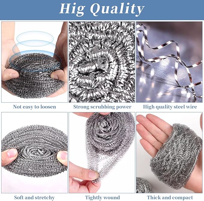GUEICN Stainless Steel Scrubber Scrubbing Scouring Pad Sponges Clean Pot Pan and Steel Wool for Kitchen Bathroom