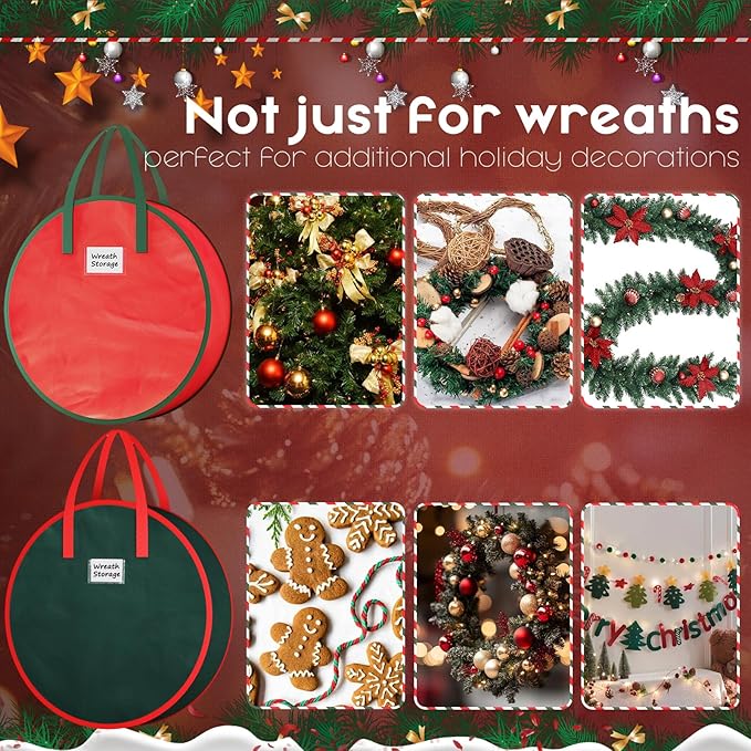 Criusia Wreath Storage Container, 2 Pack Christmas Wreath Storage Bag with Sturdy Handle, Two-Way Zipper,Durable Wreath Storage Organizer Box for Holiday Decoration (Red, 24"x8")