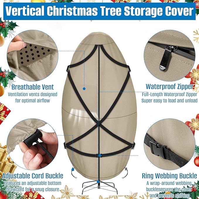 SIRUITON Upright Christmas Tree Storage Bag for 9 ft Tall,Heavy Duty 600D Oxford Fabric Vertical Xmas Storage Bags,Waterproof & Tear-Resistant Christmas Tree Cover with UV Protection