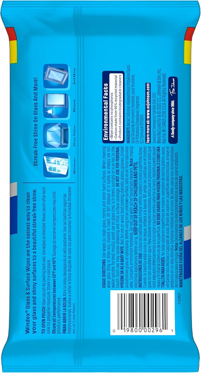 Windex Wipes Glass Cleaning, Pre-Moistened Glass and Surface Wipes to Clean Home Surfaces, Original Scent, 38 Count