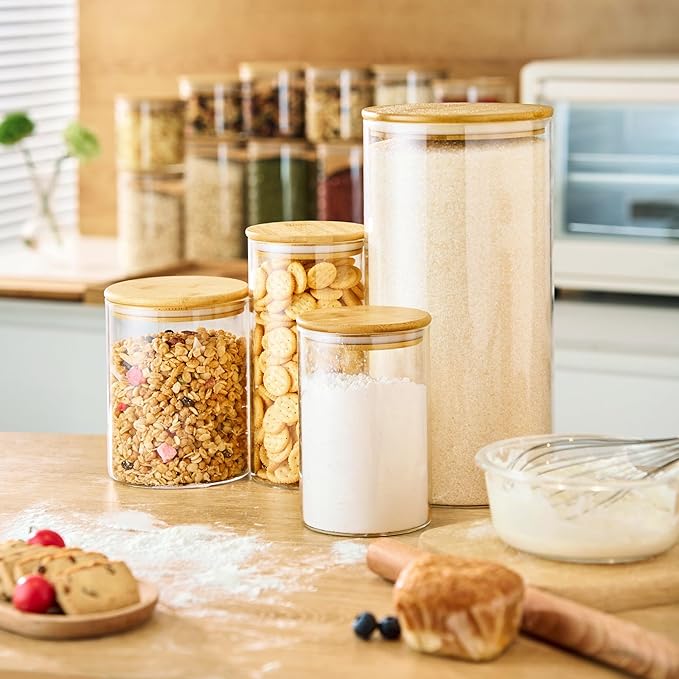HomArtist 17oz - 4 Pack Glass Jars with Bamboo Lids, Glass Food Storage Containers with Airtight Lids, Air Tight Pantry Storage Containers for Coffee, Sugar, Spice, Meal Prep Jars for Salad & Fruit