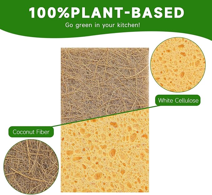 Rasket 10 Pack Biodegradable Natural Sponges Kitchen - Compostable Cellulose and Coconut Walnut Scrubber Sponge - Eco Friendly Sponges for Dishes