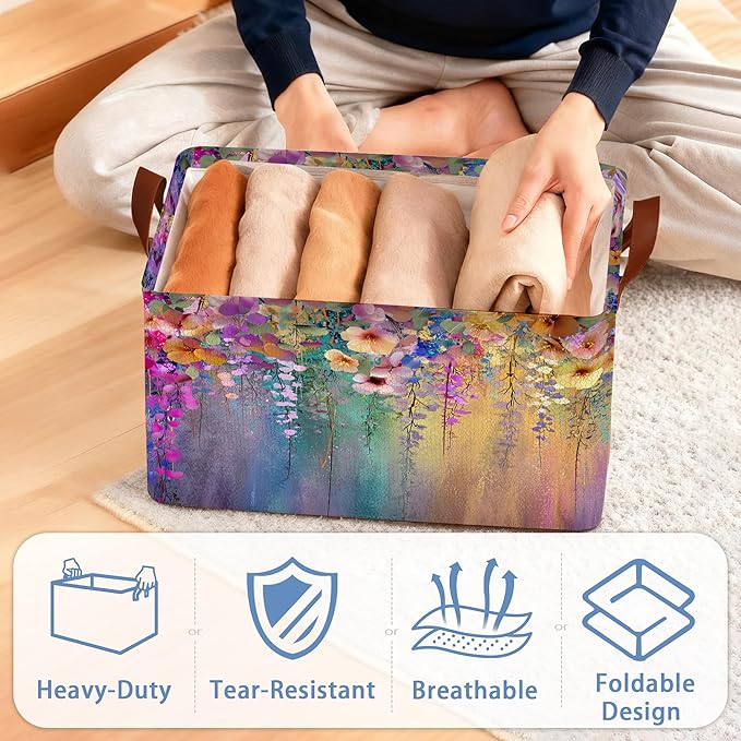 Colorful Flowers Collapsible Storage Box,Organizer Bin with Handles for Room Decoration,Bins Book Basket Box 17x11.5x10Inch