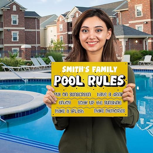 Custom Pool Sign, Pool Rules Put On Sunscreen For Pool Décor Sign, 10x14 Inches, Rust Free .040 Aluminum, Fade Resistant, Made in USA by Sigo Signs