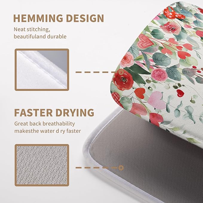 Wnoesat Valentines Day Love Heart Rose Eucalyptus Leaves Dish Drying Mat for Kitchen Counter 18x24 Inch Spring Valentine Microfiber Absorbent Dish Drainer Mats Reversible Drying Pad