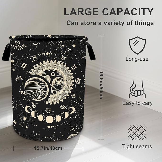 Sun Moon Laundry Basket Storage Bin Foldable Laundry Hamper Clothes Storage Bucket Organizer 19.6x15.7 Inch For Laundry Room/Bedroom/Bathroom