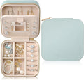 Genuine Leather Travel Jewelry Case Organizer with Mirror for Women, Small Jewelry Box Portable Mini Jewelry Case for Earring, Ring, Necklace, Bracelet(Cyan)