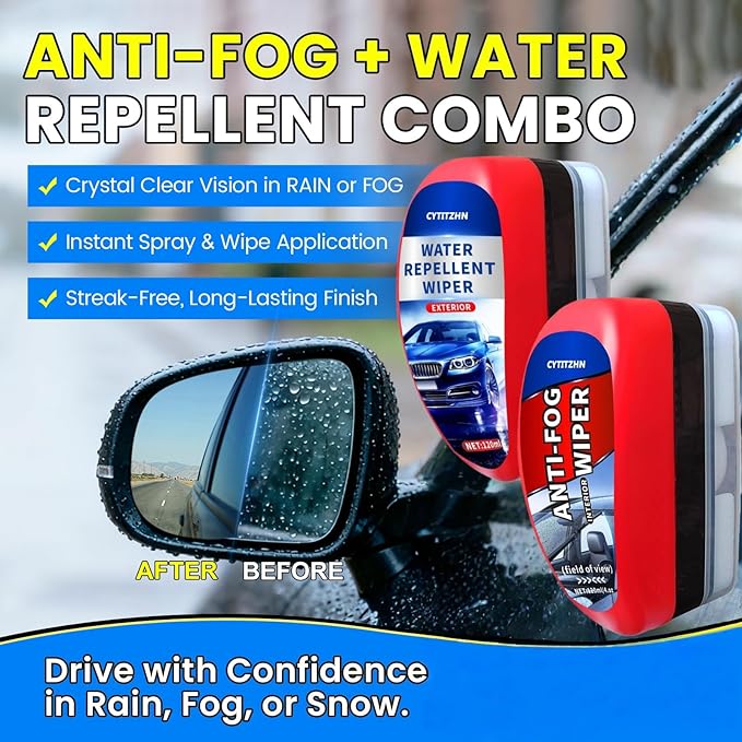 Car Windshield Water Repellent & Anti-Fog Treatment - Quick Interior & Exterior Glass Coating Kit, Rain Repellent Spray for Windows, Mirror, Paint Protection - Long-Lasting Visibility, Pack of 2