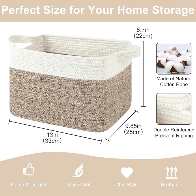 Storage Baskets for Organizing, Woven Baskets for Shelves, Rectangle Decorative Organizer for Storage Clothes, Toy, Books, Towels Nursery Bins 3 Pack (Brown & White, 13"x9.85"x8.7")
