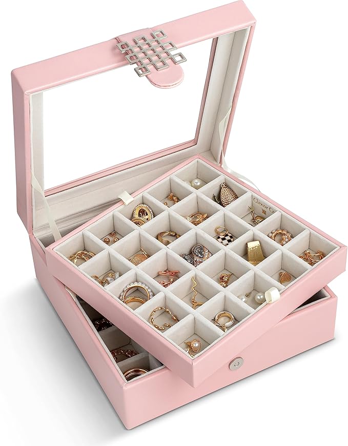 Glenor Co Earring Organizer - Classic 50 Section Jewelry Box/Case/Holder for Earrings, Rings, Necklaces, Jewelry, Cufflinks or Collections -2 Layer Small Compartments with Large Glass Top - Soft Pink