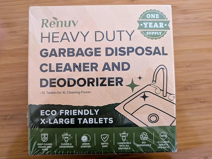 Renuv® Garbage Disposal Cleaner and Deodorizer Tablets Drain Freshener, Foaming Citrus Scent, Sink Odor Refresher for Kitchen Garbage Disposer Cleaning (12 XL Tablets - One Year Supply)