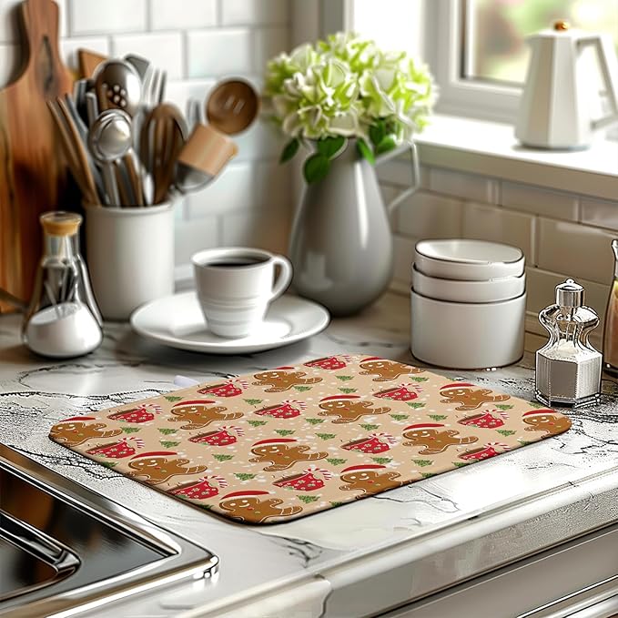 Christmas Gingerbread Man Dish Drying Mat for Kitchen Counter 16x18 Inch Winter Cute Candy Cane Hot Cocoa Xmas Tree Microfiber Drying Mats Orange Super Absorbent Dish Drainer Mats Washable Dish Pad