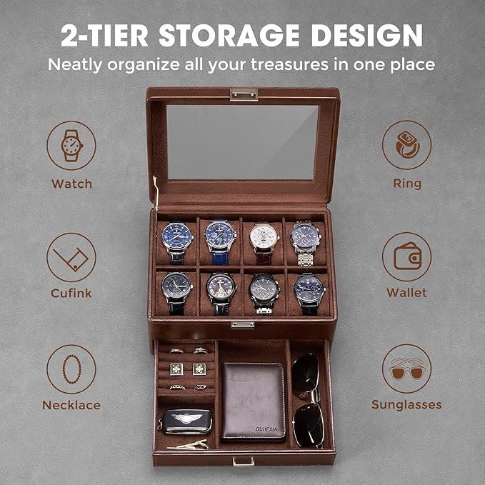 ProCase Watch Box for Men, Jewelry Organizer Box with Drawer, Display Storage Case with Glass Lid -Brown, 8 Slot