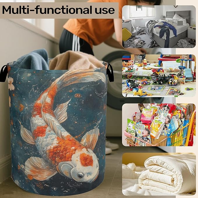 Japanese Style Fish Laundry Basket - Heavy Duty 60L Dirty Clothes Organizer, Water Resistant Foldable Hamper for Men Women