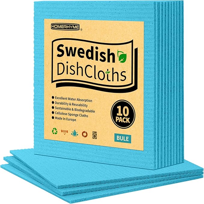 HOMERHYME Swedish Dishcloths, 10 Pack Kitchen Towels Dish Rags, Absorbent Swedish Dish Towels for Kitchen, Non-Scratch Cellulose Sponge Cloths, Biodegradable Washable Reusable Paper Towels, Blue