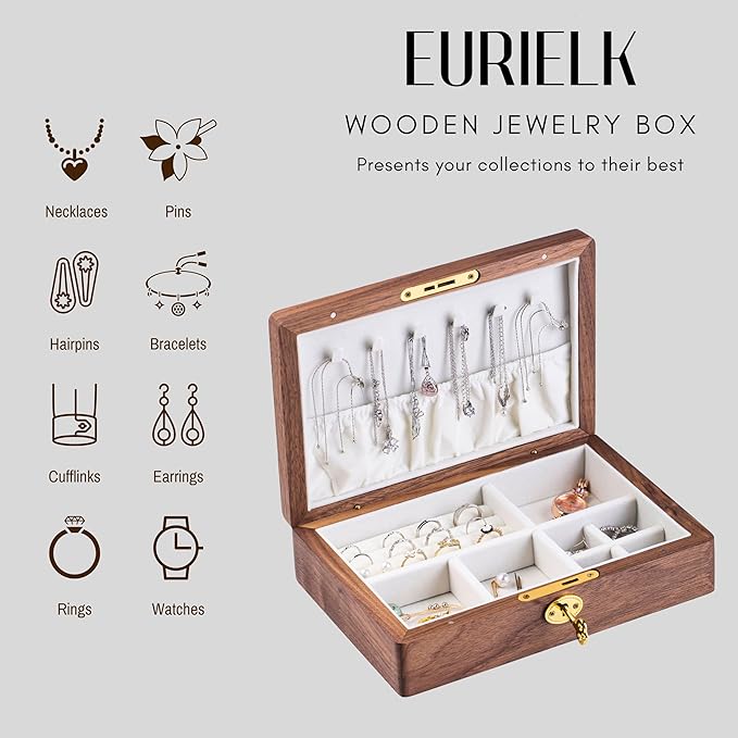 Wooden Jewelry Box for Women, Lockable Medium Size Natural Solid Walnut Wood Vintage Trinket Organizer with Large Storage, Ring Compartments, Built in Necklace Hooks, ek09-m-walnut
