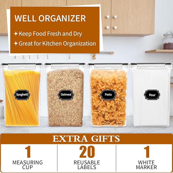 HKJ Chef 4 Pack Extra Large Airtight Food Storage Containers with Lids (6.5L / 220 oz), BPA Free Plastic Kitchen and Pantry Organization Contianers for Cereal Flour and Sugar Storage, Labels & Marker