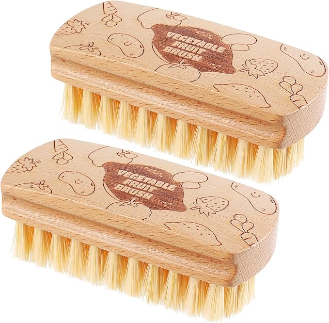 Vegetable and Fruit Cleaning Brush Scrubber Beechwood Handle Fruits Veggie Wash Brushes Potato Carrot Cucumber Mushrooms Washing Cleaner(Beige, 2)