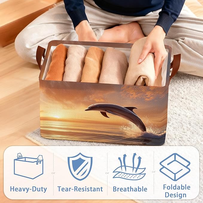 Dolphin Ocean Storage Basket,Sunset Collapsible Storage Bin Cubes for Living Room Bedroom Blankets Home Storage 17x11.5x10Inch