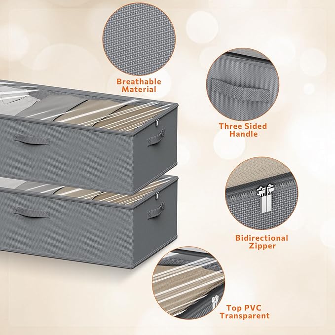 Chizjox 10inch 3 Pack Under Bed Storage Containers, 10 Inch Tall Underbed Clothes Storage Organizer Bin with Clear Window，Foldable Box Basket for Clothes, Closet, Bed Sheets and Blankets Gray