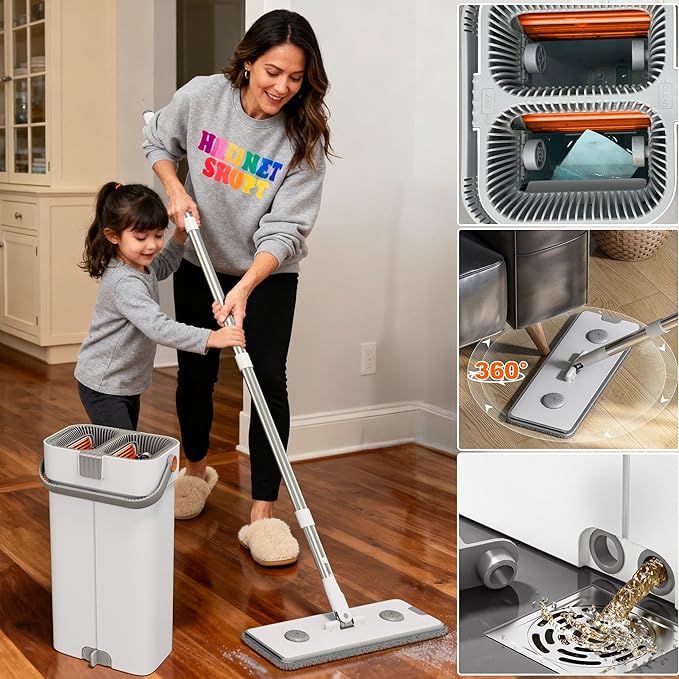 CTIME Large Mop and Bucket Set, Flat Mop and Bucket System, Wall Mop with Adjustable Handle (Max 74 Inches), Mops for Floor Cleaning, 6 Washable 15.74'' Microfiber Mop Pads