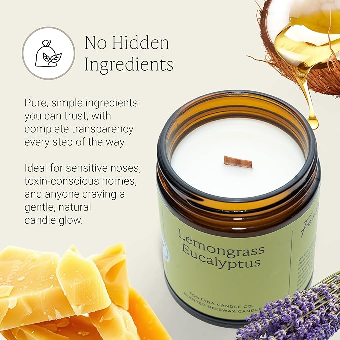 Fontana Candle Co Wood Wick Beeswax Jar Candles, Lemongrass Eucalyptus - Made with Coconut Oil & Pure Essential Oils – Clean Burn, Long Lasting and Non-Toxic Candles for Home & Room Decor