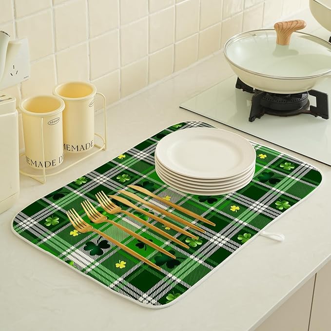 St Patricks Day Dish Drying Mat 18x24 Inch Green Lucky Shamrock Buffalo Plaid Drying Mat Checkered Spring Holiday Absorbent Dish Drying Pad Dish Rack Drainer Mats for Kitchen Dining Counter