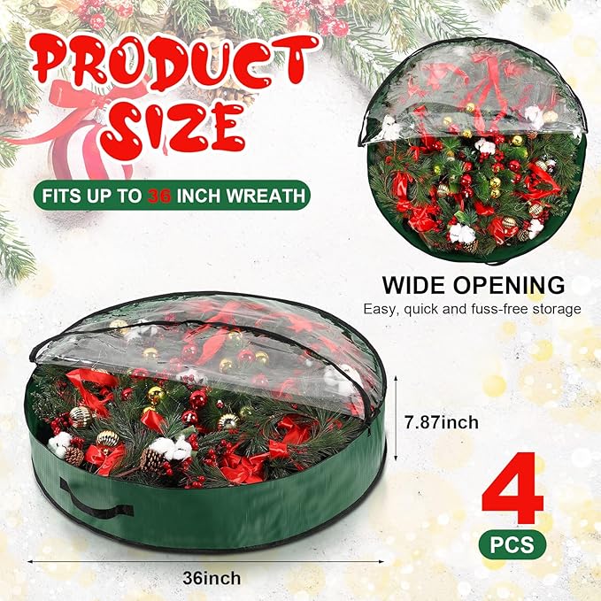 Aliceset 4 Pack Wreath Storage Containers, Christmas Ornament Garland Wreath Storage Bags with Handle Dual Zipper Large Decorative Storages Box for Winter Wreaths(36 x 36 x 7.8 Inch,Green)