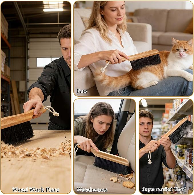 BFWood Horse Hair Hand Broom, Woodworking Bench Cleaning Brush, Fireplace Dust Brush, Hand Broom for Shop, Furniture, Carpet, Car Wash, Sweeping, Workspace, Exhibition-Hall, Upholstery