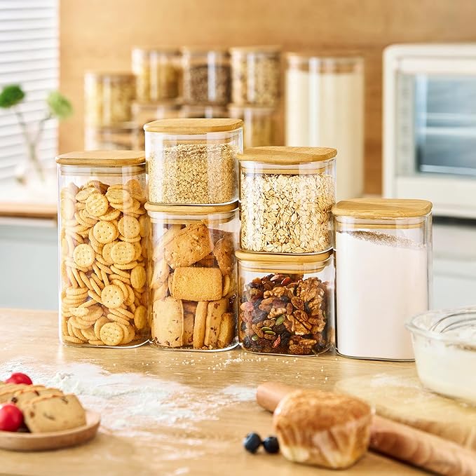 HomArtist 27oz - 4 Pack Square Glass Jars with Bamboo Lids, Glass Food Storage Containers with Airtight Lids for Kitchen, Air Tight Pantry Storage Containers