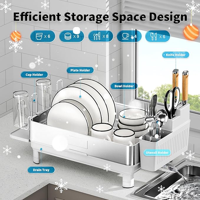 Ewaiira Dish Drying Rack, 304 Stainless Steel Dish Racks for Kitchen Counter, Dish Drainers with Automatic Drainage, Utensil Holder & Cups Holder, Space Saving Kitchen Organizer, White