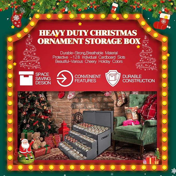 WDZREE Premium Large Christmas Ornament Storage,Box with Side Open, Drawer Style Trays - 3" Compartment, 8 Trays, Keeps 128 Holiday Ornaments -Made of Durable 600D Oxford Fabric Tear-Proof Material
