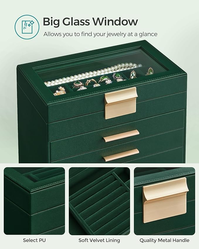 SONGMICS Jewelry Box Organizer with Glass Lid, 6-Layer Jewelry Storage, with 5 Drawers, Modern Style, 6.4 x 9.9 x 11.4 Inches, Forest Green and Gold Color UJBC171C01
