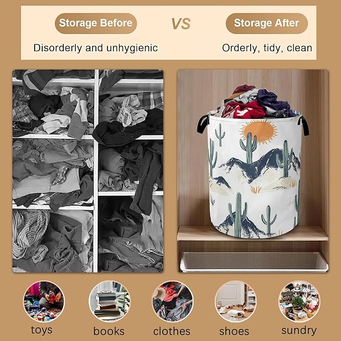 Laundry Basket,Western Tropical Cactus Collapsible Laundry Baskets,Sun Waterproof Oxford Hamper with Handles for Bathroom Bedroom Nursery Home Storage 16"x20"