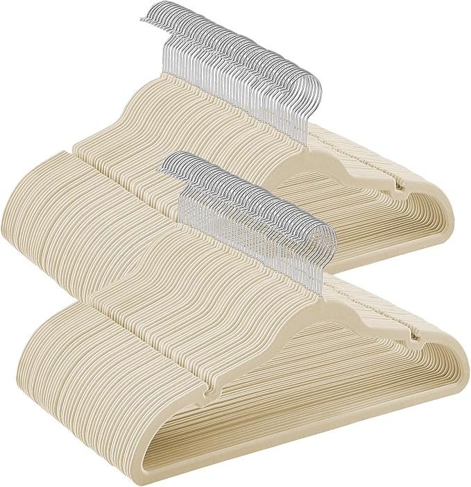 SONGMICS Velvet Hangers 100 Pack, Non-Slip Clothes Hangers with Shoulder Notches, Pants Bar, 360° Swivel Hook, Space-Saving, for Closet, Summer Sand UCRF029K100