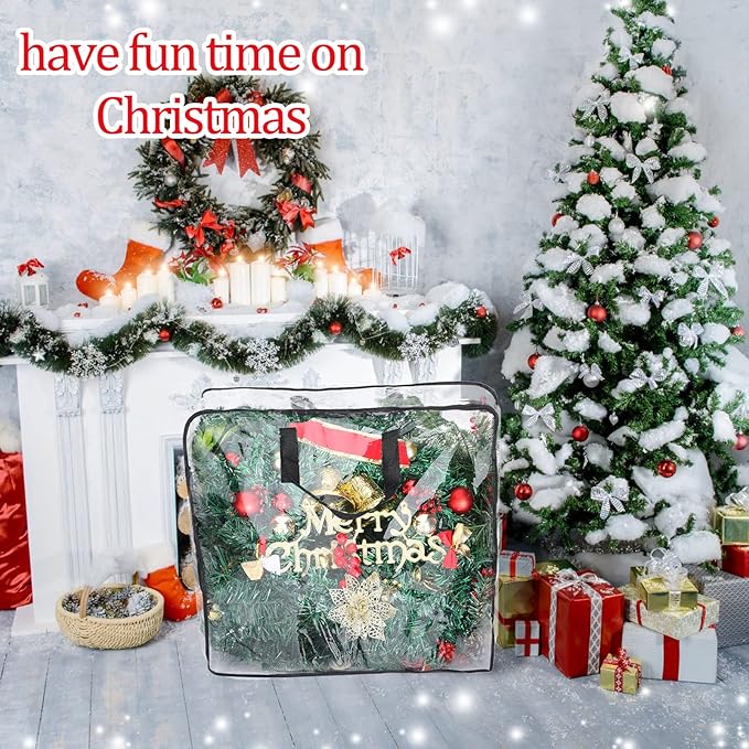4 Pcs Christmas Wreath Storage Container Clear Organizer Storage Bag for Xmas Wreath Moving Bags with Handles and Dual Zipper Wreath Holder for Storage Plastic Christmas Storage Tote (30 x 8 Inch)