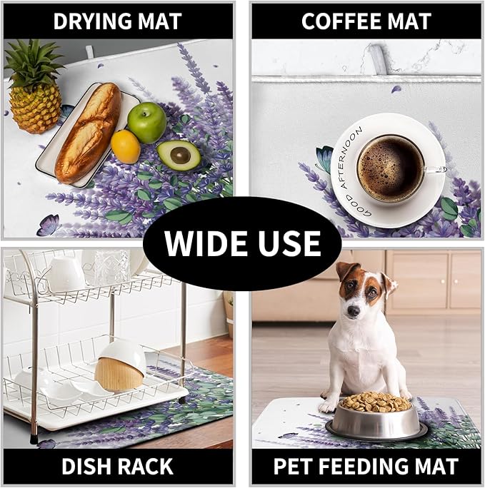 Kwlegh Purple Lavender Dish Drying Mat for Kitchen Counter Spring Summer Floral Microfiber Dish Drainer Mats Green Leaves Butterfly Absorbent Reversible Dish Drainer Rack Mat 16x18 Inch