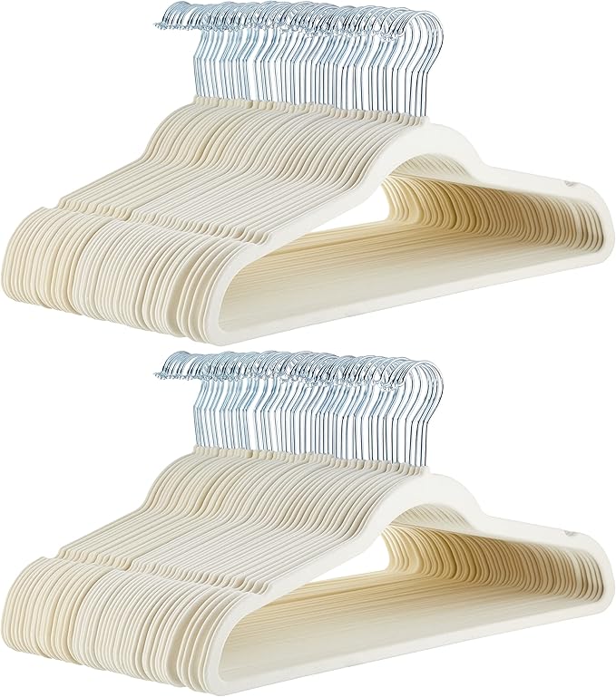 Amazon Basics Slim, Velvet, Non-Slip, Space-Saving Suit Clothes Hangers, Pack of 100, Ivory/Beige