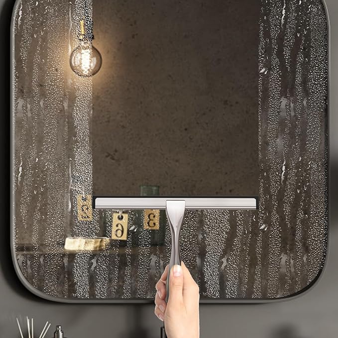 Zeerun All-Purpose Stainless Steel Shower Squeegee for Glass Doors with Adhesive Hooks, Squeegee for Shower Glass, Bathroom Household Cleaner Tool for Window Mirror Tile Wall Car, 12 inch, Silver