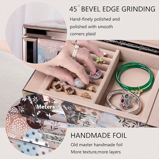 High End Glass Jewelry Box - 5 Layer Jewelry Organizer with 2-Sided Doors and Mirror - Velvet-Lined Organizer For Ring, Necklace, Earring, Bracelet Storage - Valentine's Day Gift For Women